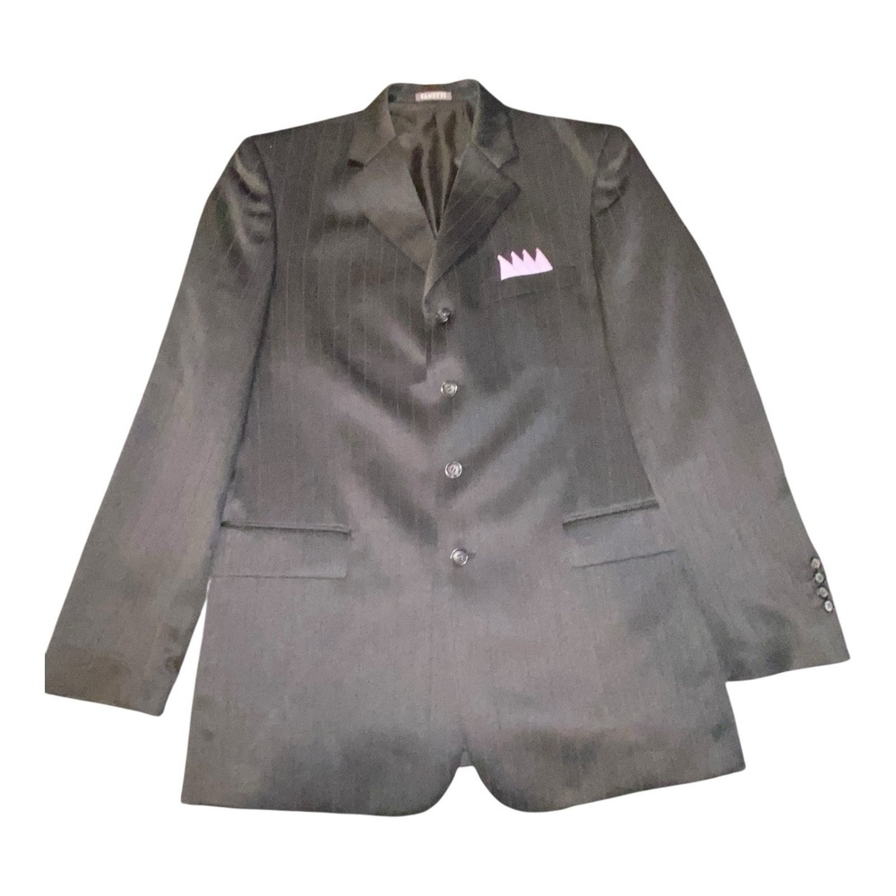 Black Pinstripe 2-Piece Vanetti Suit Size 40L Slacks 34X33 100% Polyester - Picture 2 of 14